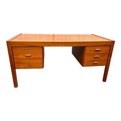 a wooden desk with two drawers on it's sides and one drawer at the top