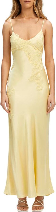 Bardot Avoco Lace Trim Midi Slipdress | Nordstrom Fitted Lace Back Slip Dress For Formal Occasions, Formal Fitted Slip Dress With Lace Back, Sleeveless Slip Dress With Lace Back, Yellow Bridesmaid Dresses, Prom Dress Inspiration, Canary Yellow, Grad Dresses, Dreamy Dress, Satin Maxi