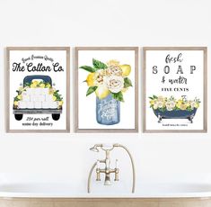 three bathroom wall art prints with flowers in a mason jar