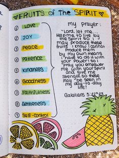 an open bible with fruit and the words fruits of the spirit written in each section