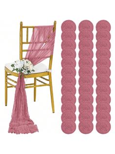 pink chair sashes and chairs with white flowers on the back are set up in front of each other