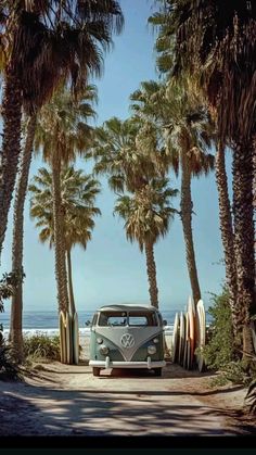 an old vw bus parked in front of palm trees with surfboards leaning against it