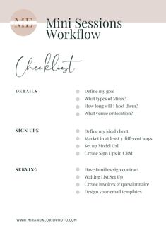 the mini session workflow checklist is shown in black and white with pink accents