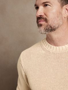 Exquisitely crafted in beautiful, luxurious linen, this classic crew-neck sweater takes form in a relaxed fit with exposed seaming for added rugged appeal.  RELAXED FIT: Cut with a little extra room and dropped shoulder seams.  Crew neck.  Ribbed det Linen Sweater, Extra Rooms, Extra Room, Luxury Linen, Crew Neck Sweater, Neck Sweater, Banana Republic, Men Sweater, Relaxed Fit