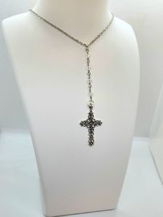 Handmade Cross Crucifix Rosary Necklace, Y Lariat Necklace Crystal Bead Cross Necklace Gothic Cross Minimalist Necklace by The3rdEyeBoutique on Etsy Bead Cross Necklace, Cross Minimalist, Bead Cross, Cross Choker Necklace, Shiny Eyes, Gothic Cross, Gothic Crosses, Cross Gift, Necklace Gothic