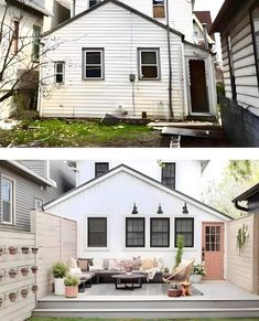 before and after pictures of a small backyard makeover with an old house in the background