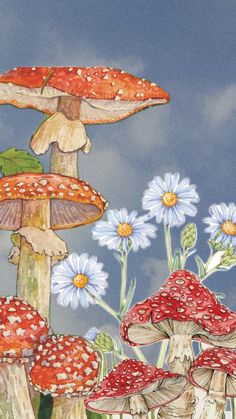 an artistic painting of mushrooms and daisies