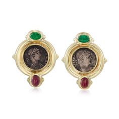 Ross-Simons - C. 1980 Vintage Silver Genuine Greek Coin Earrings, 1.10ct t. w. Rubies, .70ct t. w. Emeralds. C. 1980. Wear a bit of history with these intriguing earrings from our Estate collection. Sterling silver genuine Greek coins are framed by beaming 14kt yellow gold, adorned with oval cabochons of .70 ct. t. w. emeralds and 1.10 ct. t. w. rubies. Clip/post, emerald and ruby Greek coin earrings. Exclusive, one-of-a-kind Estate Jewelry. Greek Coins, Coin Earrings, Oval Cabochon, 14kt Gold, Estate Jewelry, Vintage Sterling Silver, Vintage Silver, Emerald, Ruby