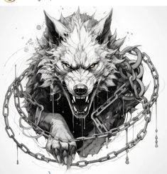 a drawing of a wolf with chains around it