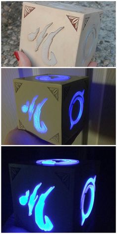 three different views of an object with blue lights