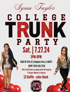 an advertisement for college trunk party featuring two women in leopard print dresses and red balloons