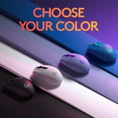 three computer mouses sitting next to each other with the words choose your color on them