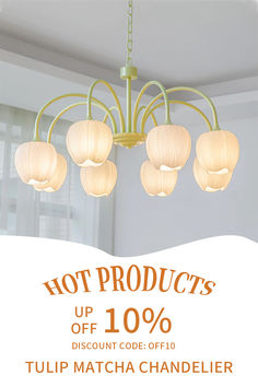 a chandelier with white lamps hanging from it's sides and the words hot products up to 10 % discount code off