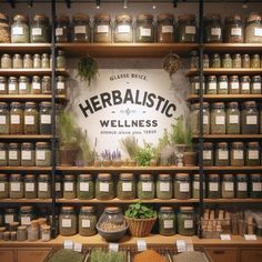 shelves filled with herbs and spices on top of each other in front of a sign that says, herbistic wellness