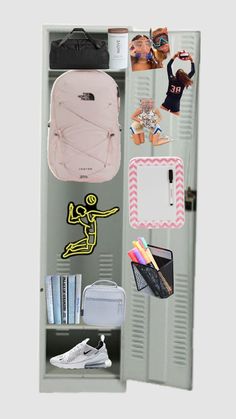 the locker is filled with school supplies and items