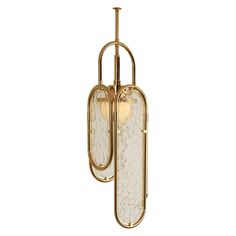 a brass chandelier with two glass panels hanging from it's sides,