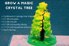 there is a small plastic tree with yellow flowers on it, and instructions for how to grow a magic crystal tree