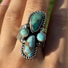 Native American Sterling Silver Turquoise Ring. Size 10.5 Width: 1.5 Inch By 0.75 Inch Best Offers Accepted! Turquoise Jewelry Rings, Rodeo Jewelry, Silver Turquoise Ring, Sterling Silver Rings Turquoise, 5 Gifts, Silver Turquoise, Cluster Ring, Turquoise Sterling Silver, Turquoise Jewelry