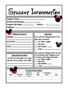 a student information sheet with mickey mouse ears