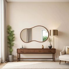 a living room with a couch, table and mirror on the wall next to a window