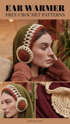 a woman wearing a crocheted hat with ear warmers on her head and the words, free crochet patterns