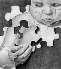 a black and white drawing of a woman holding a piece of a jigsaw puzzle