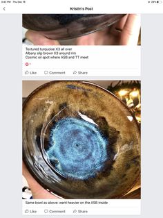 two pictures showing different types of blue and brown things in the same bowl, one with an image of a person's face on it