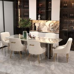 a dining room table surrounded by white chairs and marble counter tops with shelves in the background