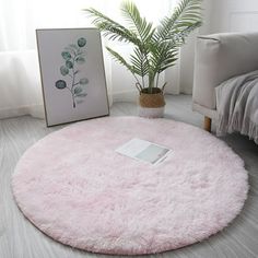 a pink round rug on the floor next to a potted plant in a living room