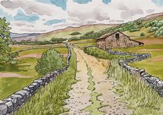 a watercolor painting of a dirt road leading to a stone house in the countryside