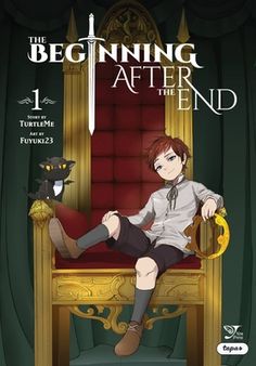 the beginning after the end poster with an anime character sitting on a chair in front of a black cat