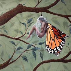 a painting of a man with a butterfly on his arm and head resting on a tree branch