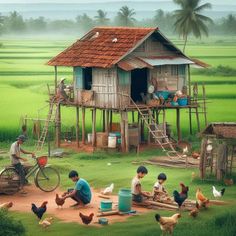 a painting of some people and chickens in front of a small hut on the side of a rice field