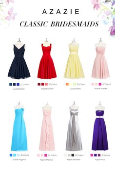 several different colored dresses on display with flowers in the background and text that reads azzie classic bridesmaids