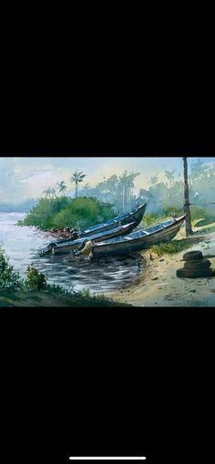 there are two boats that are sitting on the shore