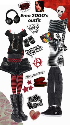 Band tees were a must-have, featuring favorite emo or punk rock bands. Tight-fitting shirts in black or dark colors were also popular, sometimes with graphic prints or ripped but for girls they might wear a mini skirt or ruffled dress in black or dark colors. My Chemical Romance Outfit Concert, 00s Emo Fashion, Red Scene Outfits, My Chemical Romance Concert Outfit, My Chemical Romance Outfits, Alt Outfits Aesthetic, 2010s Emo, Fishnets Outfit, 2010 Emo