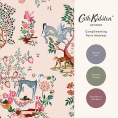 an image of a wallpaper with animals and flowers on it, including two color swatches