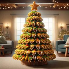 a christmas tree made out of food in the shape of buns and hot dogs