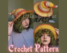 a woman wearing a crochet hat with green hair