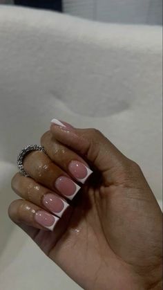 French Tip With Pink Acrylic Nails, White French Tips On Brown Skin, Unique Short Acrylic Nails Square, Deep Arch French Nails, Short Junk Nails, Polish Nails, Drip Nails, Colored Acrylic Nails