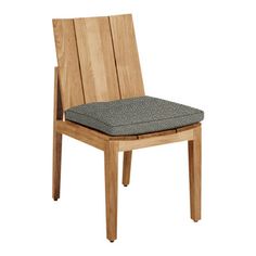 a wooden chair with a patterned seat pad on it's back and legs, against a white background