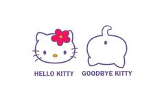 the hello kitty goodbye kitty sticker is next to an orange cat with a flower in its hair