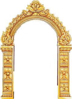 an ornate gold arch with flowers and scrolls on the top, in front of a white background