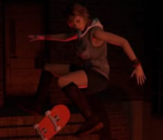 a woman is jumping with her skateboard in the dark