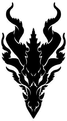 a black and white image of a dragon head with large horns on it's back