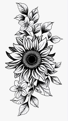 a black and white drawing of a sunflower with lots of leaves on the petals