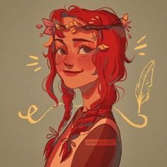 a drawing of a woman with red hair and leaves on her head, wearing a crown