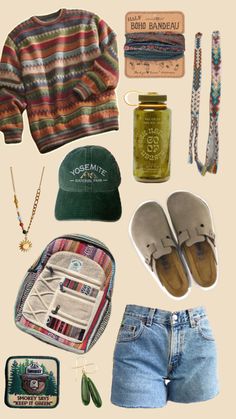 Granola girl aesthetic outfit inspiration, Birkenstock clogs, ugly sweater, gem jewelry, Nalgene water bottle, aesthetic backpack, jean shorts, Yosemite hat, national park hat, friendship bracelet, boho bandeau, Smokey the bear, Granola Girl Fall Outfits, Outfit Inspo Granola, Granola Girl Aesthetic Outfits, Outfits Granola, Summer Outfits Boho, Outdoorsy Outfits, Granola Girl Outfits, Granola Style