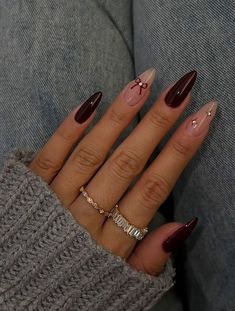 Elegant Nails Burgundy, Almond Shape Maroon Nails, Almond Nail Length Chart, Plum Acrylic Nails Design, Plum Nail Ideas, Maroon Nails Prom, Solid Color Nails For Fall, Cute Nails Solid Color, Dark Feminine Nails Design