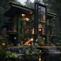 an artistic rendering of a house in the woods at night with lights on and plants growing all around